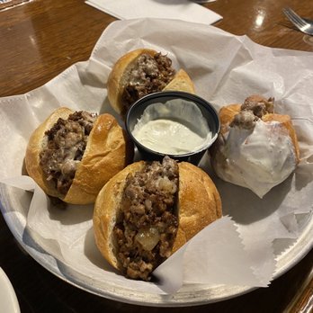 Harp & Dragon Pub - Cheesesteak sliders. Delicious sour cream leek sauce! - Pubs Near Me - Norwich, Connecticut Harp & Dragon Pub - Cheesesteak sliders. Delicious sour cream leek sauce! - Pubs Near Me - Norwich, Connecticut