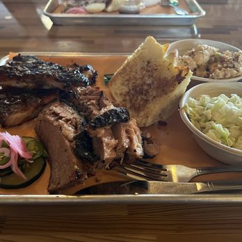 The Barbeque Pit - 2 meat combo with pork ribs, brisket, potato salad, cole slaw and garlic bread. - Barbeque Near Me - San Jose, California