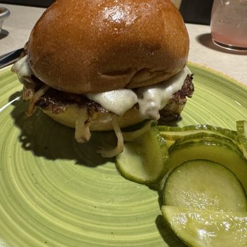 Black Duck - Duck Burger House Ground Duck ~ Oklahoma Onion Style ~ Mustard Pickles ~ Milk Bun ~ Dijonnaise ~ Havarti Cheese ~ Duck Bacon - Cocktail Bars Near Me - Minneapolis, Minnesota