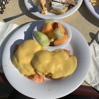 Schooner or Later - Salmon egg Benedict with fruit on the side - Sandwiches Near Me - Long Beach, California
