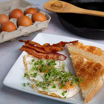 Moon Farm - a plate of eggs, bacon, and toast - Farms Near Me - Diamond, Ohio