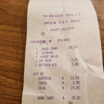 The Beach Bully - Ordered the Joker combo which came with ribs, brisket two small sides, a water and beer. I thought this was way too expensive - Barbeque Near Me - Virginia Beach, Virginia