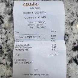 Receipt demonstrating the "packaging fee."