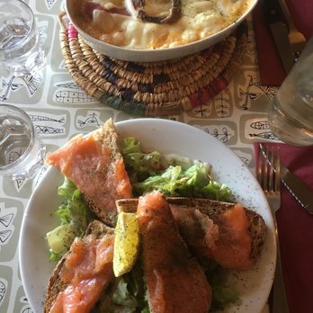 Bistro des Augustins - gratin (top) and tartine norvégienne avec salade (bottom) - Bistros Near Me - Paris, 75