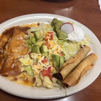 El Chilitos Mexican Restaurant - Secretary's Lunch- cheese enchilada roja, one of each of the taquitos (beef, chicken) with green salad. - Mexican Near Me - Ontario, California