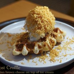 Miss Oz Ice Cream & Dessert - New menu named as brunost croffle. Croissant dough waffle with our excellent ice cream and brunost; tastes sweet and caramel-like.