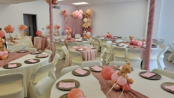 It's A Girl - The space was perfect to accommodate family and friends that wants to shower mom and dad and celebrate the arrival of their baby girl.
The space was set for
6 round tables of 8
2 round tables of 4
1 game and gift station
1 Treat table
backdrop and Balloon arch
buffet area. It's A Girl - The space was perfect to accommodate family and friends that wants to shower mom and dad and celebrate the arrival of their baby girl.
The space was set for
6 round tables of 8
2 round tables of 4
1 game and gift station
1 Treat table
backdrop and Balloon arch
buffet area.
