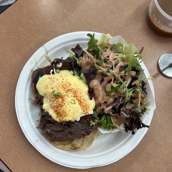 Button Up Cafe - 3. Korean Braised Short Rib Eggs Benny with a side of salad - Breakfast & Brunch Near Me - Pearl City, Hawaii Button Up Cafe - 3. Korean Braised Short Rib Eggs Benny with a side of salad - Breakfast & Brunch Near Me - Pearl City, Hawaii