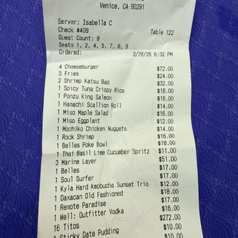 Belles Beach House - The bill for total for 9 people. Too many shots to remember. We could've bought a couple bottles of titos, but ‍ - Tiki Bars Near Me - Los Angeles, California