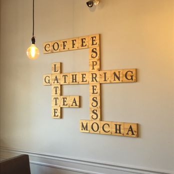 Gathering Grounds Coffee Bar - A Scrabble-inspired wall decoration. - Coffee & Tea Near Me - Fairfax, Virginia