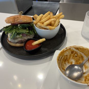 Birdie Bistro - The SoBe Burger with Fries. Emptied Chili bowl. - Burgers Near Me - Coral Gables, Florida