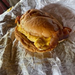 Breakfast sandwich with bacon, egg and green chile. Breakfast sandwich with bacon, egg and green chile.