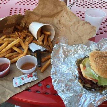 Five Guys - Jr. Bacon Cheeseburger with everything in black and small Cajun fries $11 - Burgers Near Me - Virginia Beach, Virginia Five Guys - Jr. Bacon Cheeseburger with everything in black and small Cajun fries $11 - Burgers Near Me - Virginia Beach, Virginia