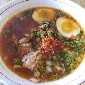 Pikaichi - Jigoku Ramen (add egg): Spicy soy sauce, chicken, pork & vegetable broth, custom made noodles, pork, shrimp hot oil, chili strings, scallion - Ramen Near Me - Medford, Massachusetts