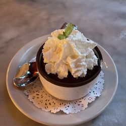 Justine's Brasserie - Rather disappointing chocolate mousse. Tasted more like pudding, and topped with store-bought whipped cream from a can.