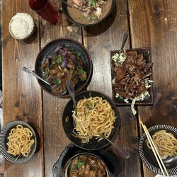 Red Hot Wok - Three cups chicken w/bones, seafood fried udon, stir fried eggplant in garlic sauce, deep fried pork chop, whole squid with ginger sauce