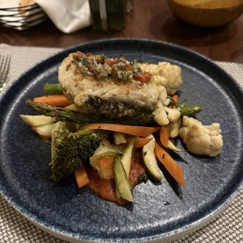 Don Luis - Sea bass with grilled vegetables and a chimichurri sauce. - Bars Near Me - Cabo San Lucas, BCS Don Luis - Sea bass with grilled vegetables and a chimichurri sauce. - Bars Near Me - Cabo San Lucas, BCS