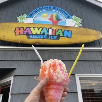 Menehune Murph's - Small two-flavor, snow capped, in front of their sign - Shaved Ice Near Me - Gladstone, Oregon