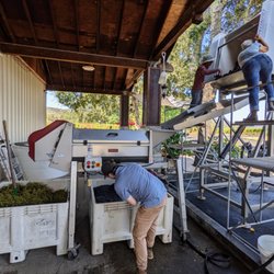 Loxton Cellars - ENOTOOLS Vega 10 de-stemmer machine. That's owner Chris Loxton up top with Christy, getting the grapes out of the box.