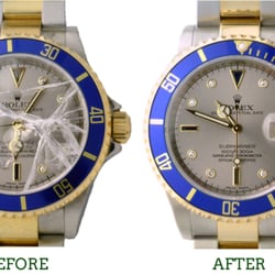 Suisse Watch Service - Rolex Submariner with cracked sapphire crystal Before & After repair service.