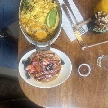 Wildberry Pancakes and Cafe - Mexicana Skillet and ""Signature Berry Bliss" Pancakes - Breakfast & Brunch Near Me - Schaumburg, Illinois