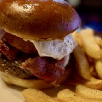 Kelsey's - Hangover Burger (cooked medium, Bacon, Onion Ring, fried egg, and cheese), with steak fries. - New American Near Me - Temecula, California Kelsey's - Hangover Burger (cooked medium, Bacon, Onion Ring, fried egg, and cheese), with steak fries. - New American Near Me - Temecula, California