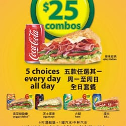 Subway - $25 six inch sub with drinks . Choose from the five selected topping