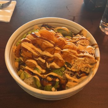 Naruto 88 Bistro - Poke bowl: salmon, sushi rice, edamame, cucumber, avocado, krab salad, tempura flakes, spicy mayo, and eel sauce. - Sushi Bars Near Me - Miami, Florida