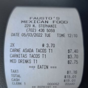 Fausto's Mexican Grill - the receipt - Mexican Near Me - Henderson, Nevada Fausto's Mexican Grill - the receipt - Mexican Near Me - Henderson, Nevada