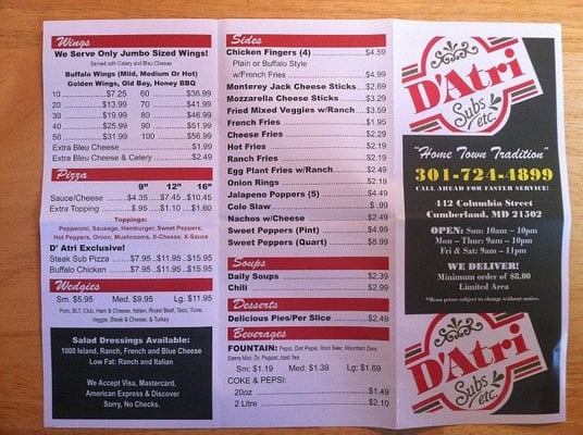 Menu photo 2 Downtown D'Atri Pasta and Subs Cumberland, MD Menu photo 2 Downtown D'Atri Pasta and Subs Cumberland, MD