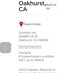 Tesla Supercharger - Located in the back of the Oakhurst Inn. 8x 250kw chargers.