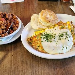 Cheese Omelet, Biscuit & Cup of Chili