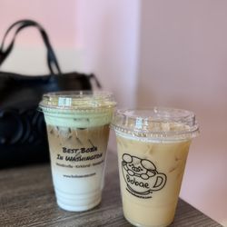Bobae Coffee & Tea - Pandan latte (cheese foam), nitro jasmine milk tea