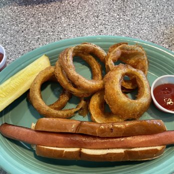 Misty Moonlight Diner - Footlong hot dog with onion rings - Diners Near Me - Pittsfield, Massachusetts
