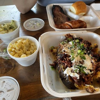 MEGA Texas Barbeque - Burnt Ends Baked Potato and a Two Meat (Brisket and Sausage) Plate with Mac & Cheese and Potato Salad. - Caterers Near Me - Fresno, California MEGA Texas Barbeque - Burnt Ends Baked Potato and a Two Meat (Brisket and Sausage) Plate with Mac & Cheese and Potato Salad. - Caterers Near Me - Fresno, California