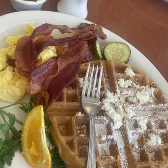 Margie's Diner - My waffle combo. Perfect waffle, usually served with bacon and sausage patty, but I requested all bacon. Delicious! - Diners Near Me - Paso Robles, California