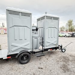 All States Site Solutions - one trailer with two porta potties and one hand wash station in the center the trailer also has steps for the toilets