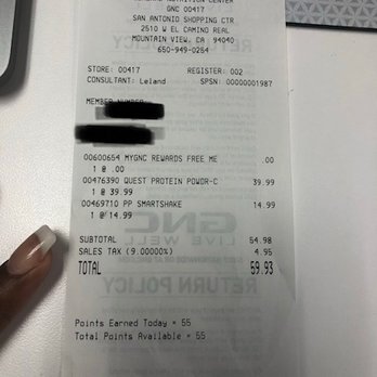 GNC - My receipt. The items were priced fair. - Health Markets Near Me - Mountain View, California