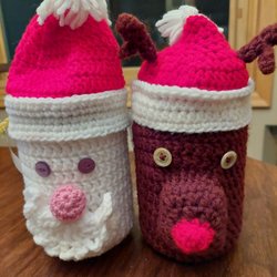 Thrifty Threads - White Elephant crocheted banks. Which relative will get these? 50 cents each.