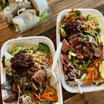 Asian Box - Create your own beef with steamed veggies and all toppings except jalapeños (left) The Ox Box (right) Shrimp Spring Roll (top) - Vietnamese Near Me - Mountain View, California Asian Box - Create your own beef with steamed veggies and all toppings except jalapeños (left) The Ox Box (right) Shrimp Spring Roll (top) - Vietnamese Near Me - Mountain View, California