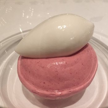 Gordon Ramsay au Trianon - Raspberry sorbet with cream. The shaping is so impressive! Part of the 10-course degustation - French Near Me - Versailles, 78