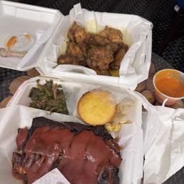 Beef Ribs, 10 Piece Wings, Mac and Cheese, Collard Greens, Cornbread Beef Ribs, 10 Piece Wings, Mac and Cheese, Collard Greens, Cornbread