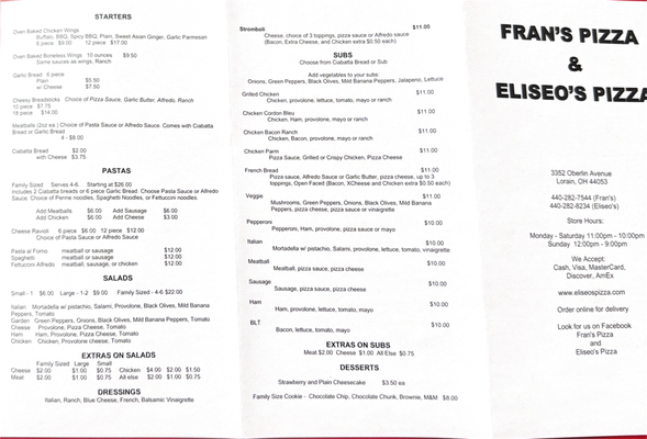 Menu photo 2 Fran’s  Pizza Lorain, OH