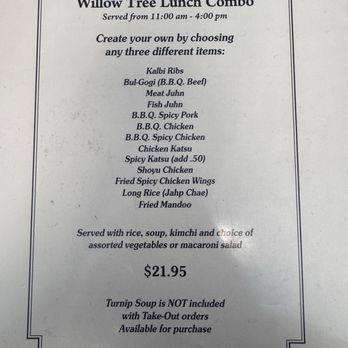 Willow Tree Korean Restaurant - Lunch combo menu - Korean Near Me - Kailua, Hawaii