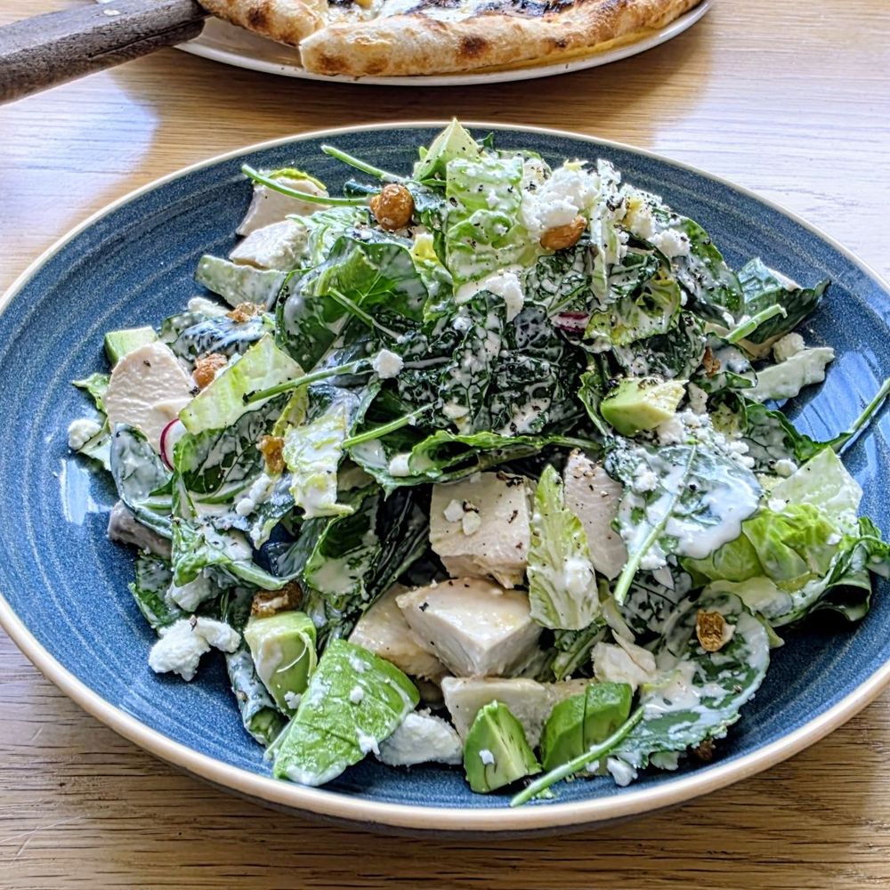 Lemon Chicken Kale Salad and Wild Mushroom Pizza