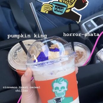 Rad Coffee - left: the great white middle: cinnamon toast crunch chilled right: horror-chata - Coffee & Tea Near Me - Covina, California