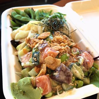 Hashtag Poki - Two scoops salmon, One scoop tuna, edamame and wakame, half sushi rice and half mixed greens, wasabi aioli - Poke Near Me - Berkeley, California