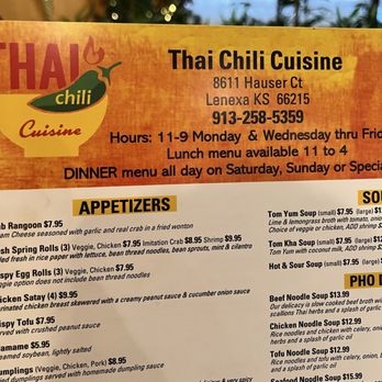 Thai Chili Cuisine - Closed Tuesdays, but lots of open hours. - Thai Near Me - Lenexa, Kansas Thai Chili Cuisine - Closed Tuesdays, but lots of open hours. - Thai Near Me - Lenexa, Kansas