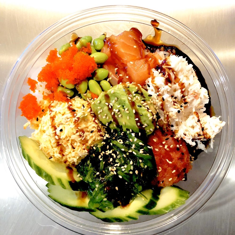 The Poké Bar - My medium bowl with salmon & spicy shrimp & crab, avo, crab mix, cucumbers, Edamame, seaweed salad, masago, sesame, eel sauce. - Hawaiian Near Me - Loudonville, New York The Poké Bar - My medium bowl with salmon & spicy shrimp & crab, avo, crab mix, cucumbers, Edamame, seaweed salad, masago, sesame, eel sauce. - Hawaiian Near Me - Loudonville, New York