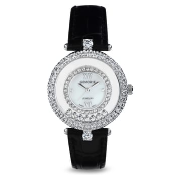 Gemorie - ''The Valentina'' - Black Genuine Leather Watch with Zirconia in 18K White Gold Plated Stainless Steel - Watches Near Me - Monterey Park, California